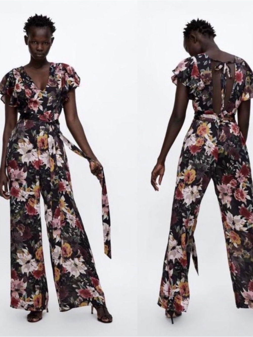 Zara Chiffon Black Floral Wide-Leg Jumpsuit with Tie Waist